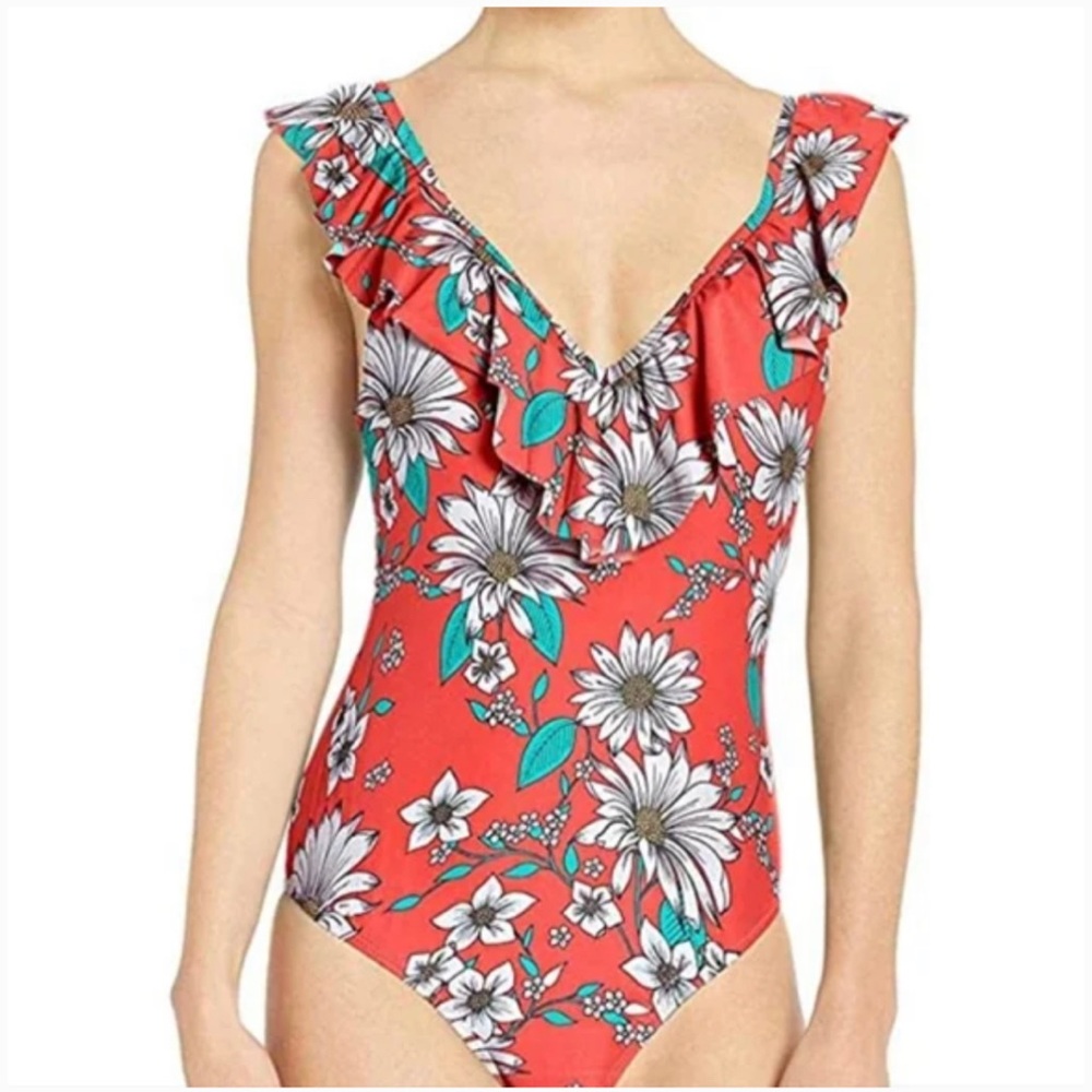 Jessica Simpson Women’s standard one piece ruffled shoulder swimsuit
